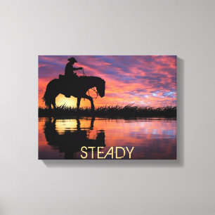 Toile Western Art, Cowboy, Cheval, Coucher du soleil