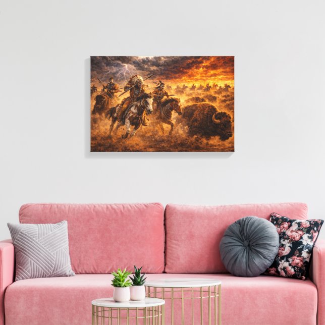 Toile Western Buffalo Hunt Sunset Landscape Canvas (Insitu(Salon))