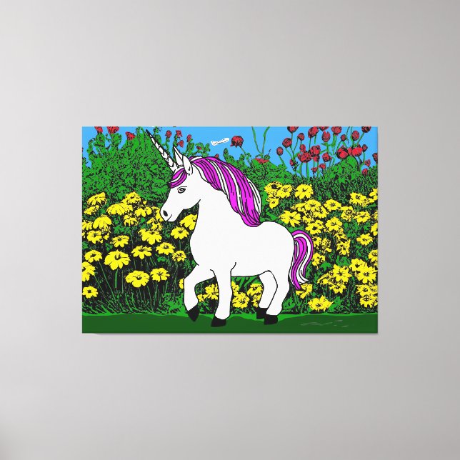 Toile Whimsical blanc violet Anniversaire Unicorn (Recto)