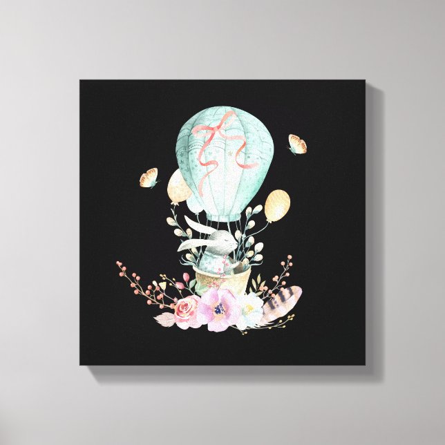 Toile Whimsical Bunny Riding in a Hot Air Balloon (Recto)