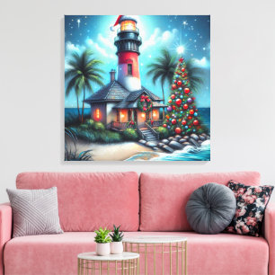 Toile Whimsical Tropical Christmas Lighthouse Turquoise