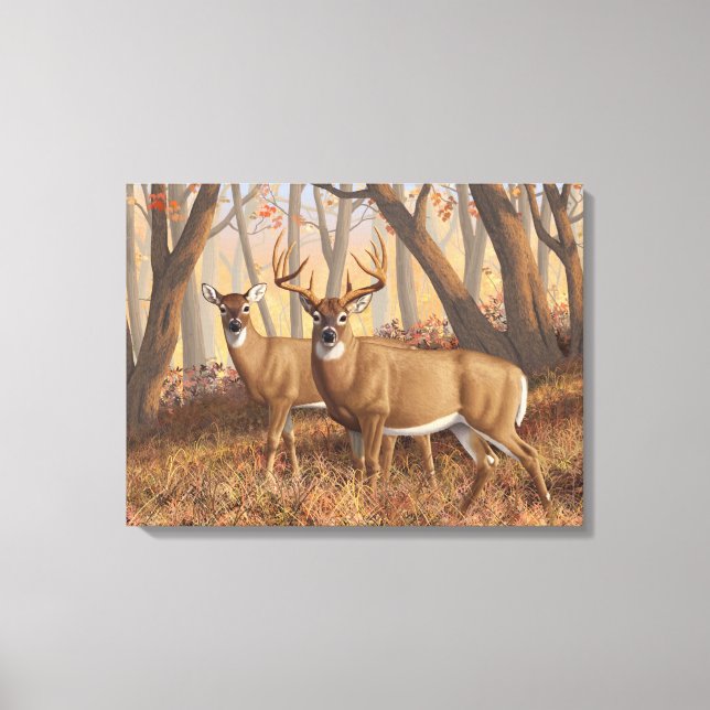 Toile White Deer Buck & Doe Automne Maple Woods (Recto)