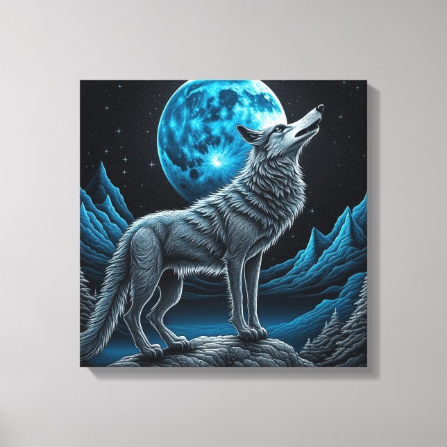 Toile Wolf debout devant la Pleine lune | Art AI (Recto)