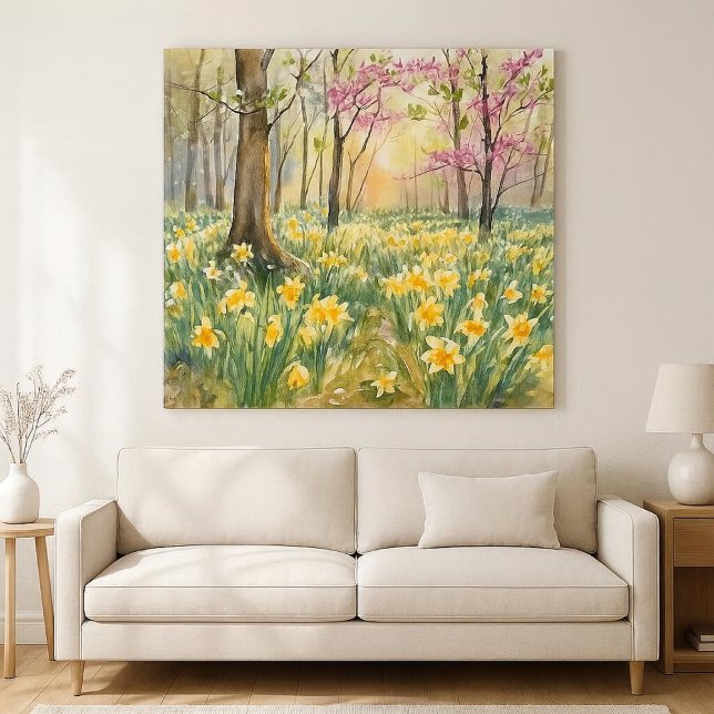 Toile Yellow Daffodils in Spring Forest Watercolor  (Airy spring forest watercolor featuring daffodils and redbud blooms, perfect wall art décor. )