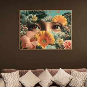 Toile Yeux surréalistes et fleurs avec papillons
