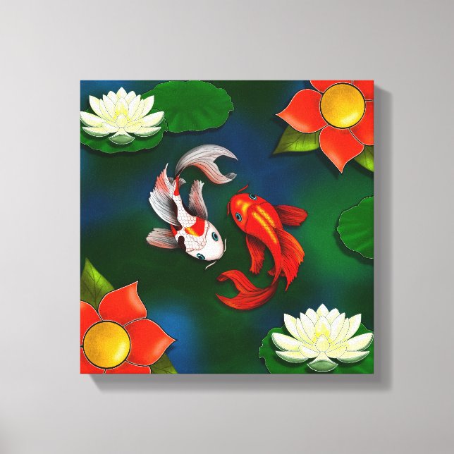 Toile Yin Yang Koi Fleur Rouge Blanc Lotus Lily Pad Pond (Recto)