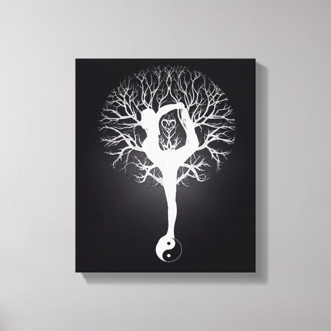 Toile Yoga noir et blanc avec femme et yin yang. (Recto)