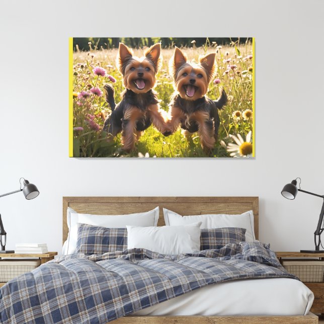 Toile Yorkshire Terriers Jouer dans l'herbe (Insitu(Chambre))