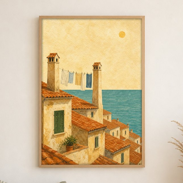 Toits de Terracotta jusqu'à la Mer Affiche Aquarel (Shown framed for scale. Poster ships unframed; frames are an optional add-on.)
