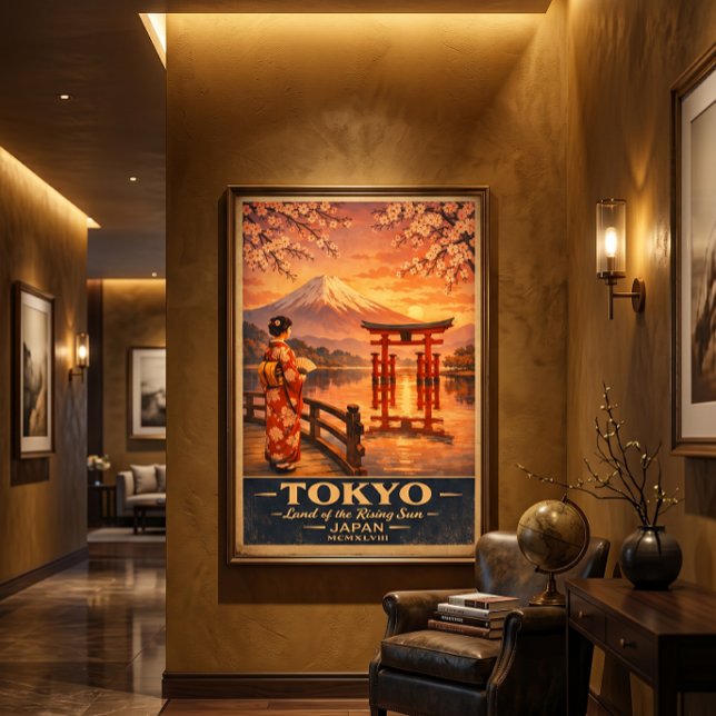 Tokyo Japon Impression de voyage rétro | Art mural (Tokyo vintage travel poster displayed in a luxury interior — warm golden tones)