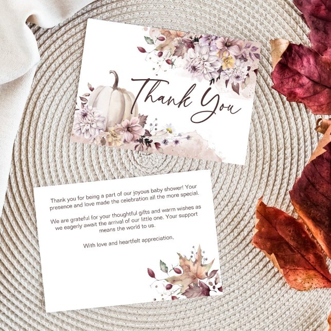 Tomber amoureux baby shower boho citrouille merci (Fall in love autumn baby shower thank you cards boho pastel pumpkin dahlias thank you cards)