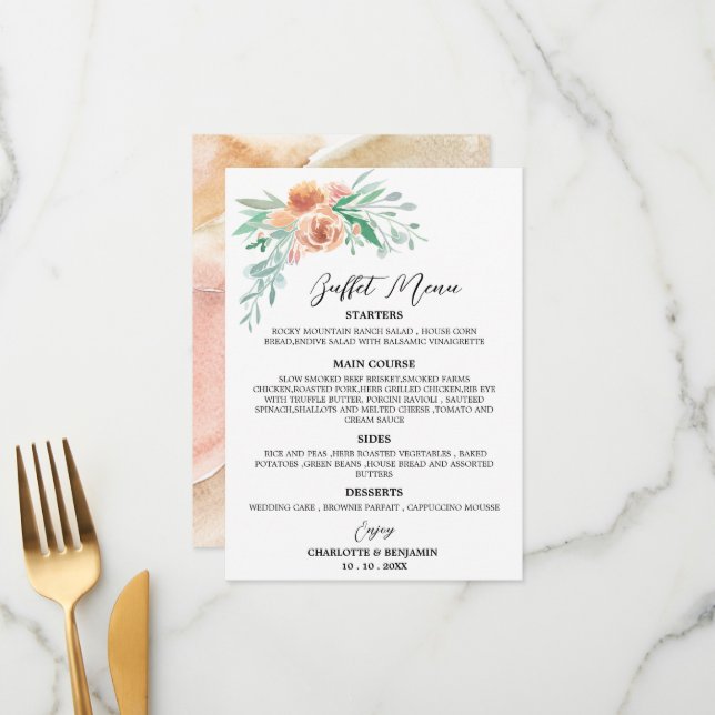 Tone Terre Aquarelle Floral Mariage Menu Buffet (Devant/Arrière en situation)