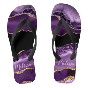 Tongs Agate marbré violet et Parties scintillant d'or