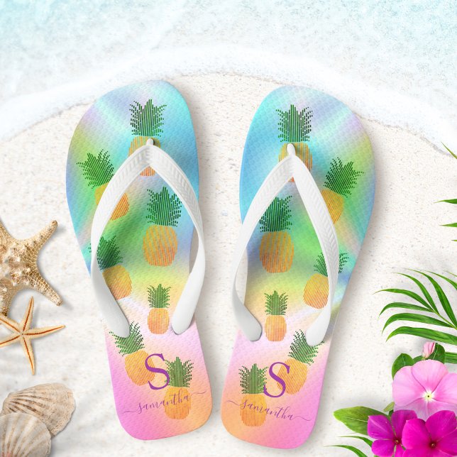 Tongs Ananas tropical Monogramme Holographique Été (Créateur téléchargé)