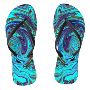 Tongs Aqua Bleu et Noir Groovy Art Abstrait Rétro
