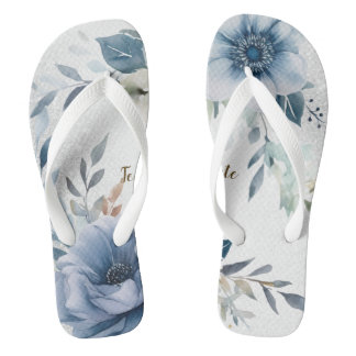 Tongs Aquarelle bleu foncé Fleurs Argent Élégant