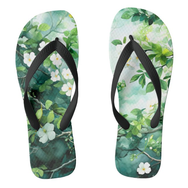 Tongs Aquarelle botanique Fleurs blanches Feuilles verte (Semelle)