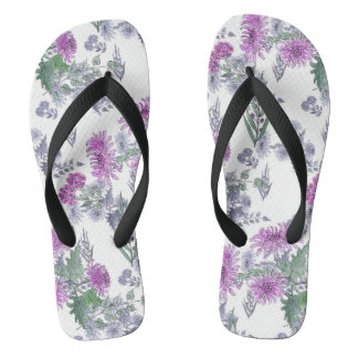 Tongs Aquarelle chrysanthème rose petites fleurs vert