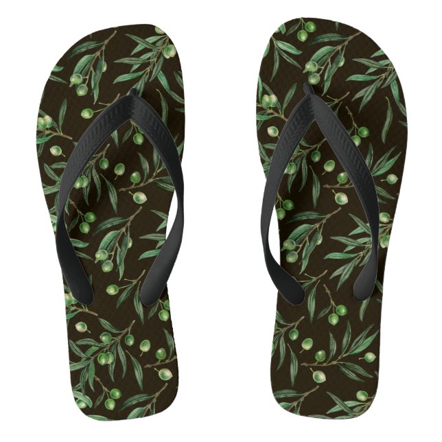Tongs Aquarelle des branches d'olive en noir (Semelle)