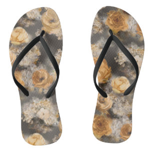 Tongs aquarelle monochrome fleurs dorées sur