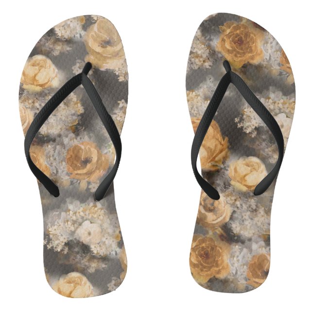 Tongs aquarelle monochrome fleurs dorées sur (Semelle)