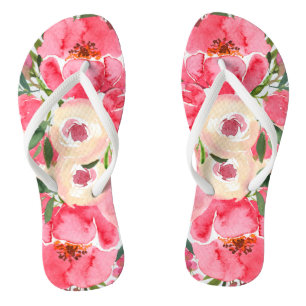 Tongs Aquarelle rose crème pivoine florale