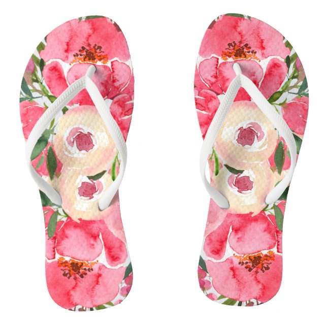 Tongs Aquarelle rose crème pivoine florale (Semelle)