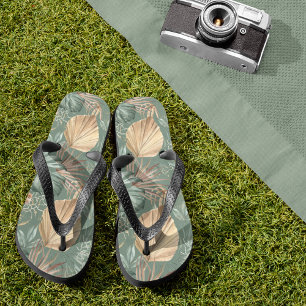 Tongs Aquarelle Tropicale Gold & Green Feuille Motif