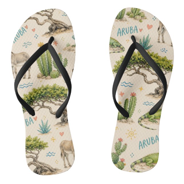 Tongs Arbre divi d'Aruba, âne, iguane, cactus (Semelle)