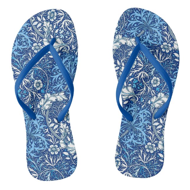 Tongs Art Nouveau Algue Florale, Bleu Cobalt et Blanc (Semelle)