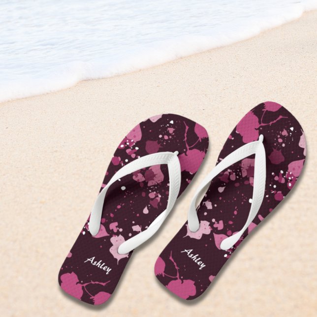 Tongs Art Pink Paint Splatter Nom (Artistic Pink Paint Splatter Name Flip Flops)