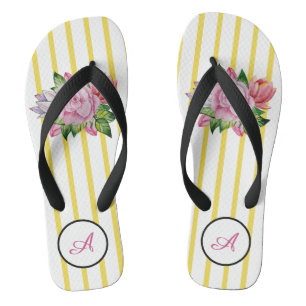 Tongs Bande Jaune Et Blanche Avec Roses Rose