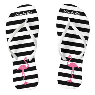 Tongs Bandes noires et blanches avec Flamant rose rose