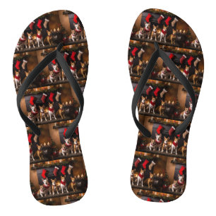 Tongs Basenji au coin du feu Noël