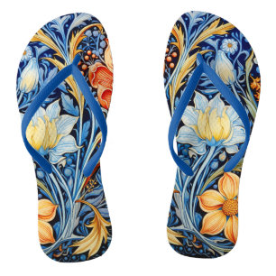Tongs Beau motif floral bleu jaune orange