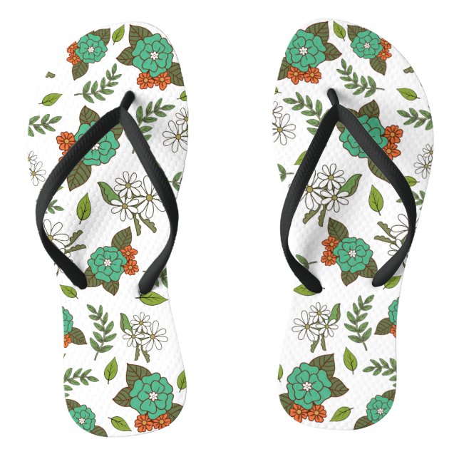 Tongs Blanc Rétro et Floral Vert (Semelle)