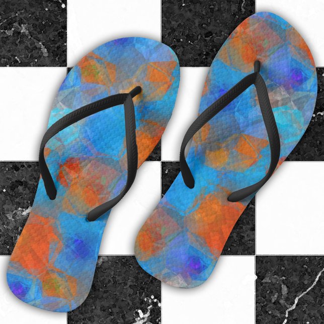Tongs Bleu Orange Abstrait Art Été Flip Flops (Modern design flip flops featuring an abstract orange and turquoise happy pattern)