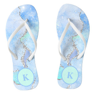 Tongs Bleu Vert Argent Paillettes Marbre Tourbillon Mono