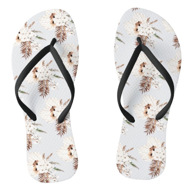 Tongs Boho Brun Herbe de Pampas Orchidées Blanches Monog (Semelle)
