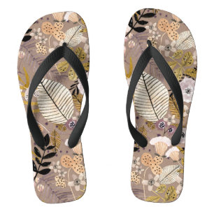 Tongs Boho Noir Blanc Or Pêche Feuille Floral Dessiné