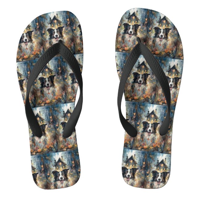 Tongs Border Collie Halloween avec citrouilles effrayant (Semelle)