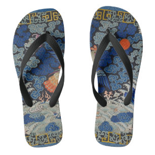 Tongs Broderie chinoise bleu d'oiseau Vintage
