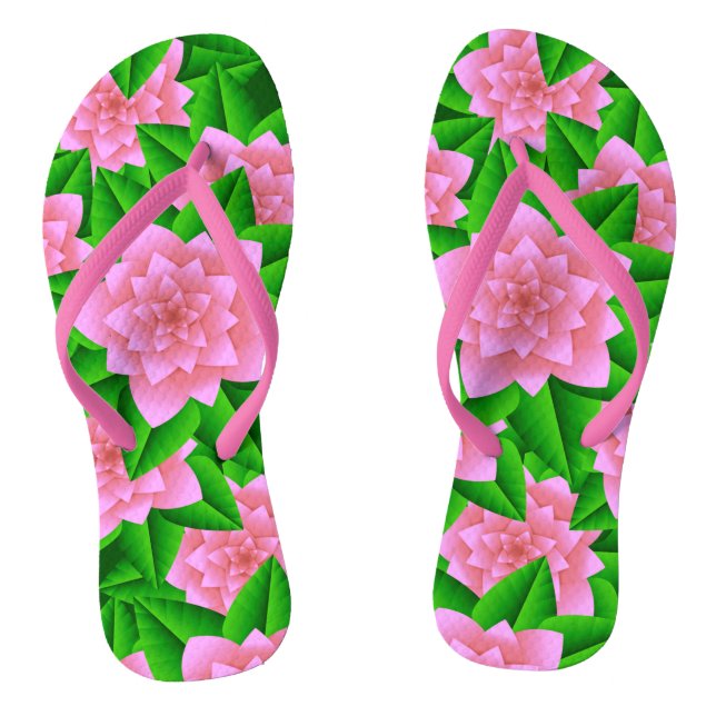 Tongs Camélias rose glacé et feuilles vertes (Semelle)