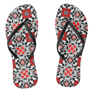 Tongs Carrelage marocain floral, rouge profond, noir et 