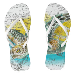 Tongs Carte Vintage de la tortue de mer blanche