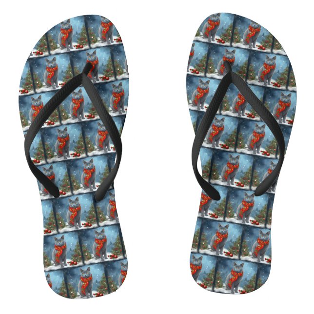 Tongs Chat Bleu Russe à Noël dans la Neige (Semelle)