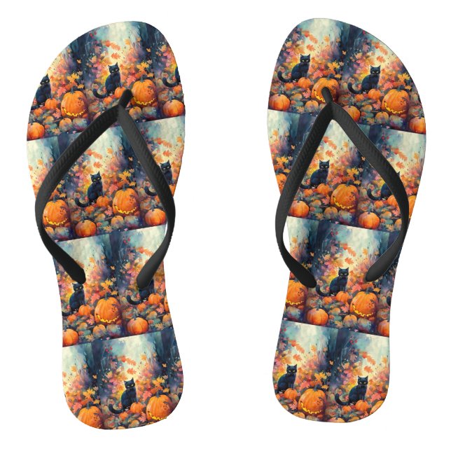 Tongs Chat noir d'Halloween avec citrouilles effrayant (Semelle)