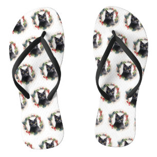 Tongs Chat noir Fête de couronnes de Noël Kitten