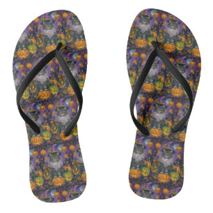 Tongs Chat Sibérien éffrayant Halloween sorcière et Citr