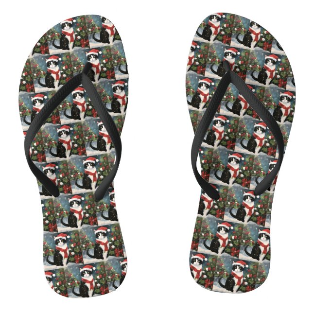 Tongs Chat Smoking dans Noël enneigé (Semelle)